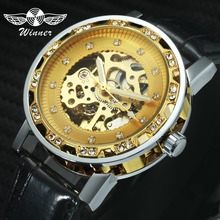WINNER Official Brand Luxury Automatic Watch Men Mechanical Watches 3D Design Gold Skeleton Dial Leather Strap Iced Out Clock 2024 - buy cheap