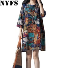 NYFS 2021 Новое весеннее/осеннее винтажное платье с принтом из хлопка и льна, платье с коротким рукавом Свободные женские платья Vestidos M-4XL Размеры 2024 - купить недорого