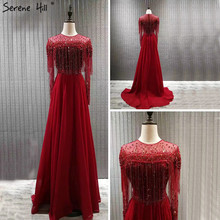 Red Long Sleeve Dubai Design Evening Dresses O-Neck Beading Tassel Luxury Evening Gowns 2021 Serene Hill LA60849 2024 - buy cheap