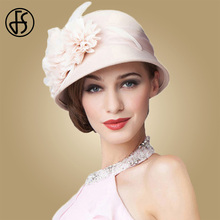 FS Wedding Hat For Women Elegant Pink Fedoras Flowers Wide Brim Wool Felt Vintage Ladies Cloche Hats Bowler Derby Hats 2024 - buy cheap