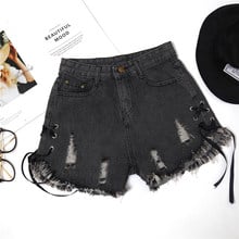 Wholesale tassel stitching bandage lace up wide leg denim shorts female high waist fray hole denim hot shorts wq1641 factory 2024 - buy cheap