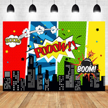 Mocsicka super-herói pano de fundo comics cidade edifícios foto fundo crianças birhday colorido fotografia backdrops studio shoots 2024 - compre barato