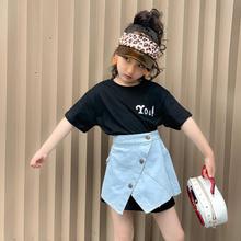 Hot selling summer new t-shirts sets girls short sleeve tops + denim skirts 2pcs suits children letter print tees 3-10Y ws645 2024 - buy cheap