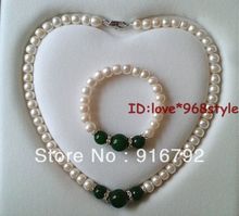 free shipping >>>>>8-9mm Natural Excellent Pearl Green stone Necklace Bracelet Mashup Fashion Set 2024 - buy cheap