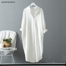 Blusa branca casual coreana feminina, camisas longas de algodão com bolso lateral de linho de manga comprida com design, para primavera e outono 2024 - compre barato