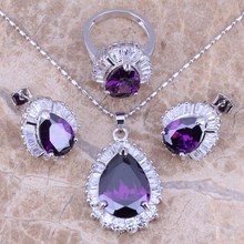 Conjuntos de joyería de circonia cúbica blanca púrpura, joyas chapadas en plata, pendientes, anillo colgante, tamaño 6 / 7 / 8 / 9 / 10 S0101 2024 - compra barato