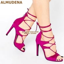 ALMUDENA Mulheres de Tiras De Camurça Cross-Amarrado Sandálias de Salto Fino Dedo Aberto Lace-up Enjaulado Sapatos Bombas de Casamento Vermelho rosa Cinza Stiletto Calcanhar 2024 - compre barato