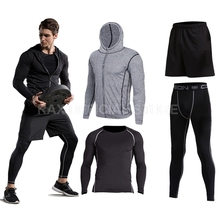 Conjunto com 4 peças de moletom masculino, roupa esportiva de corrida, compressão, com capuz, para treinamento, corrida, academia, 2018 2024 - compre barato