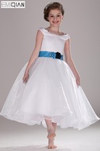 Vestido de niña de Organza blanca, bonito vestido de niña de manga con gorro, con cinturón azul 2024 - compra barato