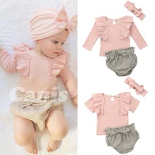 Summer Short Sleeve Pink Ruffles Tops Bottom Headband Girl Clothing Cotton Outfits 3PCs Newborn Baby Girls Clothes Set 2024 - buy cheap