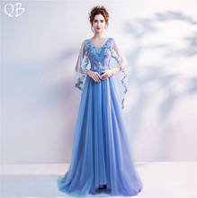 2020 New Fashion Blue V-neck A-line Lace Tulle Flowers Crystal Evening Dresses Elegant Long Formal Luxury Evening Gowns XK08 2024 - buy cheap