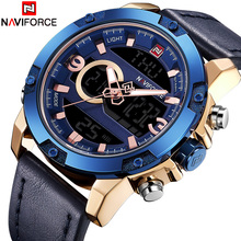 Часы наручные NAVIFORCE Мужские кварцевые, роскошные Брендовые спортивные светодиодсветодиодный цифровые аналоговые в стиле милитари, с кожаным ремешком, NF9097 2024 - купить недорого