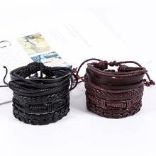 Conjunto de pulseras retro jipi punk para hombre, brazaletes apilables de cuero negro y marrón oscuro, nudos de cordón de cera de macramé para envolver 2024 - compra barato