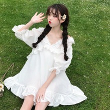 Summer Women's Korean Academy Style Ruffles Puff Sleeve V-neck Dress Backless Sexy Dress Sweet Party Dresses 2024 - buy cheap