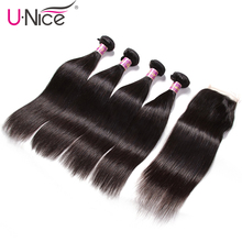 Unice-aplique de cabelo liso malaia, 4 pacotes com cabelo remy, cor natural, fechamento de renda suíça, 5 unidades 2024 - compre barato