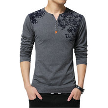 Spring Autumn Cotton Long Sleeve V-neck T Shirt Men Solid Casual Slim Flower Designer Mens T-shirt Homme 2024 - buy cheap
