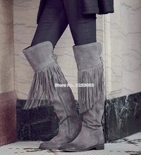 ALMUDENA Grey Black Brown Suede Thick Heel Low Heel Fringe Long Boots Over-the-knee Motorcycle Boots Tassel High Boots Dropship 2024 - buy cheap