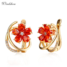 Five Petal Flower Paved Pear cut Orange Red CZ w/ Yellow Gold Color Winding Hoop Earrings for Womens Jewelry Oorbellen Aros 2024 - buy cheap