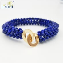 Lii ji jóias natural lapis lazuli 3mm contas artesanal tricô 925 prata esterlina banhado a ouro fecho pulseira 2024 - compre barato