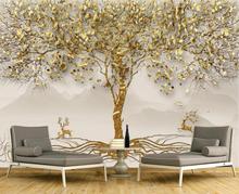 Personalizado 3d papel de parede mural folha de ouro floresta elk paisagem tv fundo decoração da pintura 2024 - compre barato
