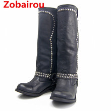 Zobairou celebrity Botas mujer black genuine leather rain boots thigh high over the knee botas flats cowboy boots shoes woman 2024 - buy cheap