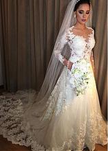 Glamourosa tule jewel decote a linha vestido de casamento com apliques de renda & beadings vestidos de noiva feitos sob encomenda 2024 - compre barato