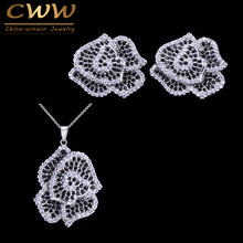 CWWZircons Micro Paved Black White CZ Stones Vivid Flower Fashion Women Silver Color Earrings Necklace Jewelry Set T155 2024 - compre barato