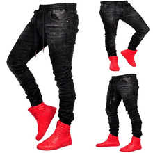 Мужские джинсы, черные джинсы, зауженные рваные джинсы с дырками, модные обтягивающие джинсы-карандаш в стиле хип-хоп для мужчин, Стрейчевые джинсы в стиле пэчворк 2024 - купить недорого