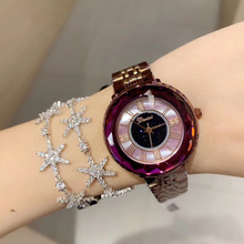 Relojes de cristal púrpura a la moda para mujer, reloj de pulsera de lujo para vestido de fiesta, de cuarzo triangular facetado, reloj de cuarzo de acero Romano 2024 - compra barato