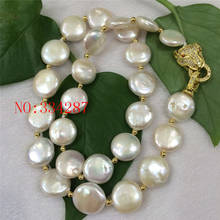 NEW HUGE NATURAL 12-13MM AA  freshwater pearl button shape white pearl  necklace 18inches Leopard clasp 2024 - buy cheap