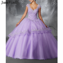 JaneVini Elegant Princess Lilac Quinceanera Dresses Ball Gown 2019 V Neck Appliques Beaded Puffy Organza Dress Vestido Debutante 2024 - buy cheap