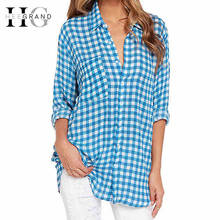 HEE GRAND Fashion Women Blouses Long Sleeve Turn Down Collar Blue White Plaid Shirts Casual Ladies Tops Blusa Femme 2018 WCL1540 2024 - buy cheap