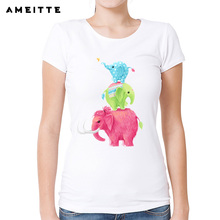 Camisa de manga curta t camisa de impressão de elefante engraçado das mulheres do verão animal tshirts harajuku para as mulheres branco o-pescoço casual topos 2024 - compre barato