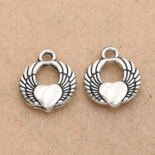 Kjjewel antigo banhado a prata asas de anjo coração encantos pingente pulseiras colar descobertas jóias fazendo acessórios diy 16mm 2024 - compre barato