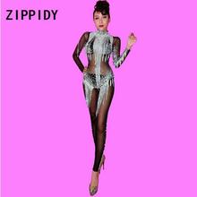 Silver Chains Rhinestones Black Mesh Jumpsuit See Through Stretch Bodysuit Stage Dance Fringes Costume Birthday Leggings 2024 - buy cheap