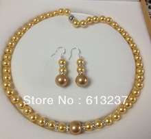 Fashion 8mm golden shell simulated-pearl round beads necklace earring for women elegant free shipping jewelry set 18inch YE00009 2024 - buy cheap