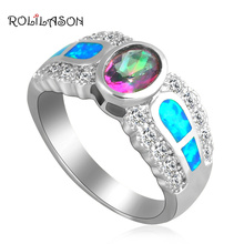 ROLILASON Gorgeous Rainbow Zircon Inlay Blue fire Opal Silver White Crystal fashion Jewelry Rings USA Ring for women OR641 2024 - buy cheap