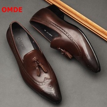 OMDE Newest Style British Genuine Leather Tassel Men Shoes Brogue Carved Men Loafers Pointed Toe Business Casual Dress Shoes 2024 - buy cheap
