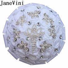 JaneVini Bling Silver Rhinestones White Bridal Bouquets With Crystal Satin Rose Sparkly Butterfly Jewelry Wedding Flower Bouquet 2024 - buy cheap