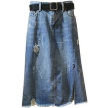 Plus tamanho 4xl 2021 outono cintura alta denim saias casuais feminino algodão buraco a linha na altura do joelho jeans saias outono 2024 - compre barato