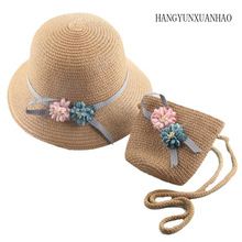 HANGYUNXUANHAO 2019 New Korean Spring Summer Ribbon Bow Double Flower Hat Child Straw Hat Baby Girls Beach Hat + bag Sun Hat 2024 - buy cheap