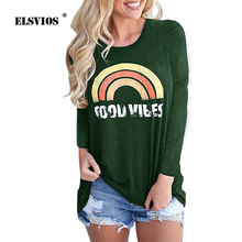 ELSVIOS 2020 Letters Print T shirts Women Fashion Brief Casual Long Sleeves Tops Autumn summer O neck Rainbow Print Tee shirts 2024 - buy cheap