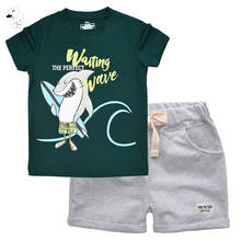 Комплект одежды BINUDUCKLING для мальчиков, Детская летняя футболка с коротким рукавом и шорты, наряд с принтом акулы, одежда для маленьких мальчиков 2024 - купить недорого