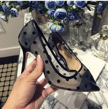 6CM Polka Dot Mesh Ladies Kitten Heels Shoes Pointed Toe Pumps Slingback Black 9cm Medium Stiletto Bow Sandals 2024 - buy cheap