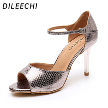 DILEECHI Latin Dance Shoes women Ballroom dancing shoes Salsa Party Sandals Gray Pu shoes Silver hight Heel 8.5cm soft outsole 2024 - buy cheap