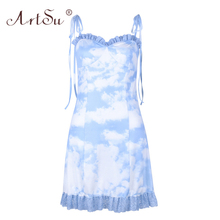 ArtSu Lace Up Lace Trim Ruffle Cloud Print Sexy Summer Dress 2019 Kawaii Lolita Style Sundresses Women A-Line Robe Party Wear 2024 - buy cheap