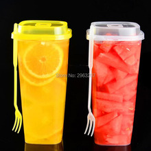 500 sets 960ml disposable cups thick transparent plastic drink cups tea cup with lid juice cup with fork 2024 - buy cheap