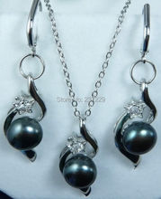 Wholesale price FREE SHIPPING ^^^^Pretty!Black Akoya Pearl Necklace +Earring Set 2024 - buy cheap