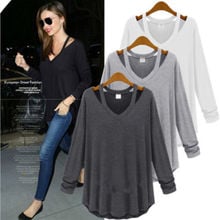 Hot  Womens Ladies V Neck Off Shoulder Long Sleeve Loose T Shirt Tops 2024 - buy cheap