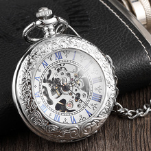 Luxury Silver Roman Number Dial Mens Mechanical Pocket Watch With Chain Elegant Carving Hollow Skeleton Pocket Watches Gifts Set 2024 - buy cheap